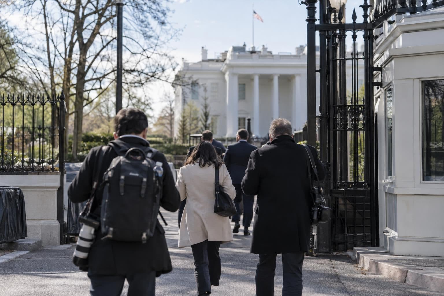 Reporters with press credentials enter the White House complex.