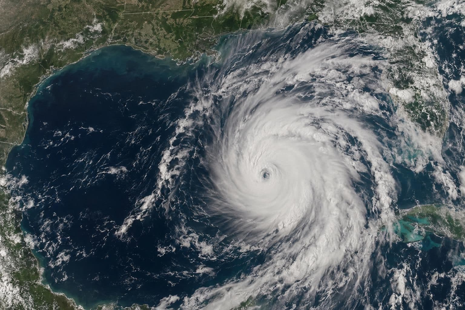 Satellite view of a hurricane approaching the northern Gulf Coast.