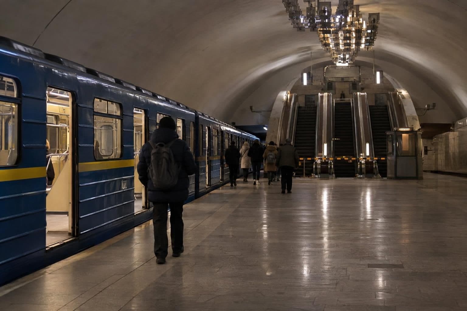 A train stands at a Kyiv metro platform during a temporary service halt.