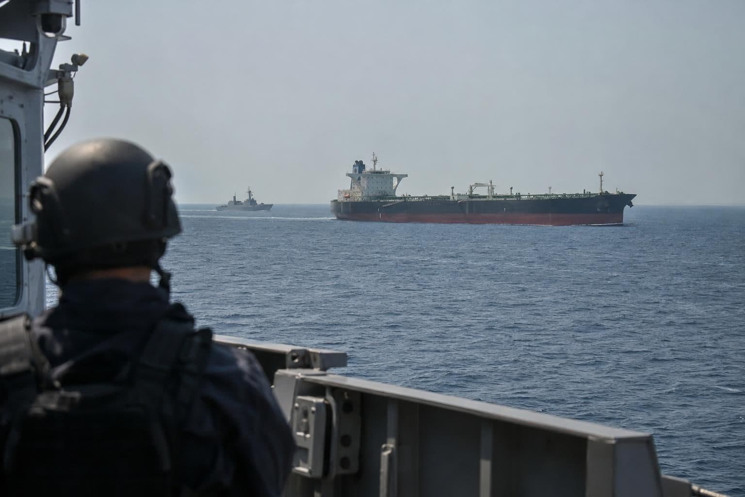 An oil tanker underway in the Strait of Hormuz, with a distant vessel on the water.