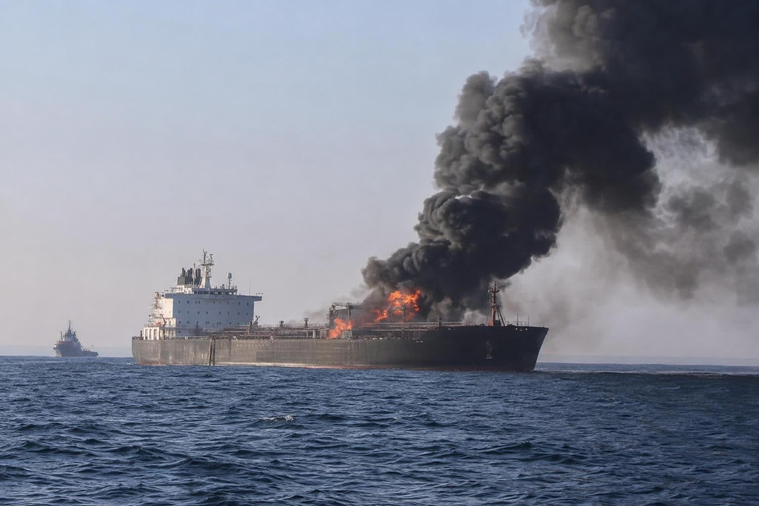 A commercial tanker burns on open water.