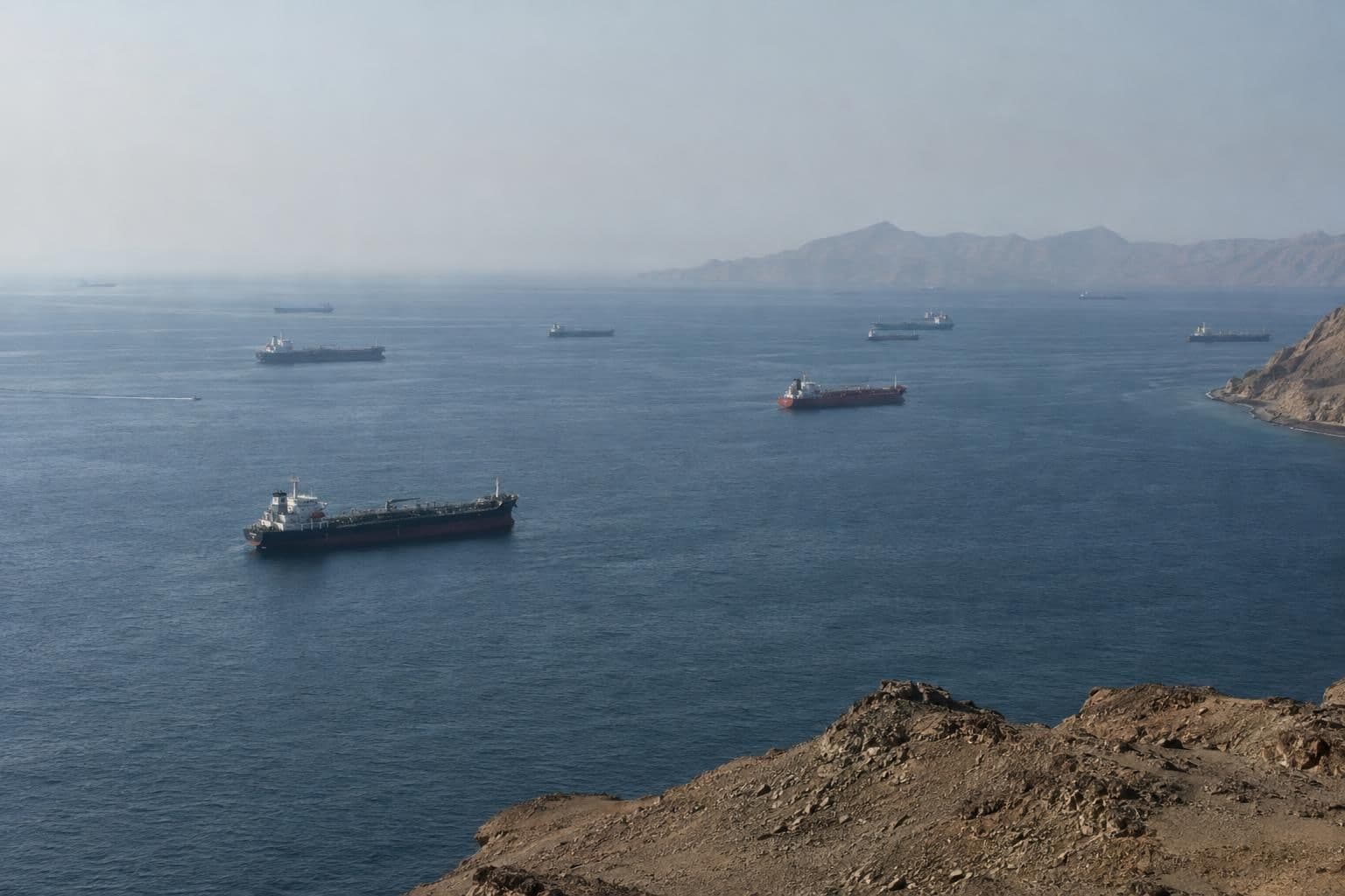 Commercial vessels travel through the Strait of Hormuz.