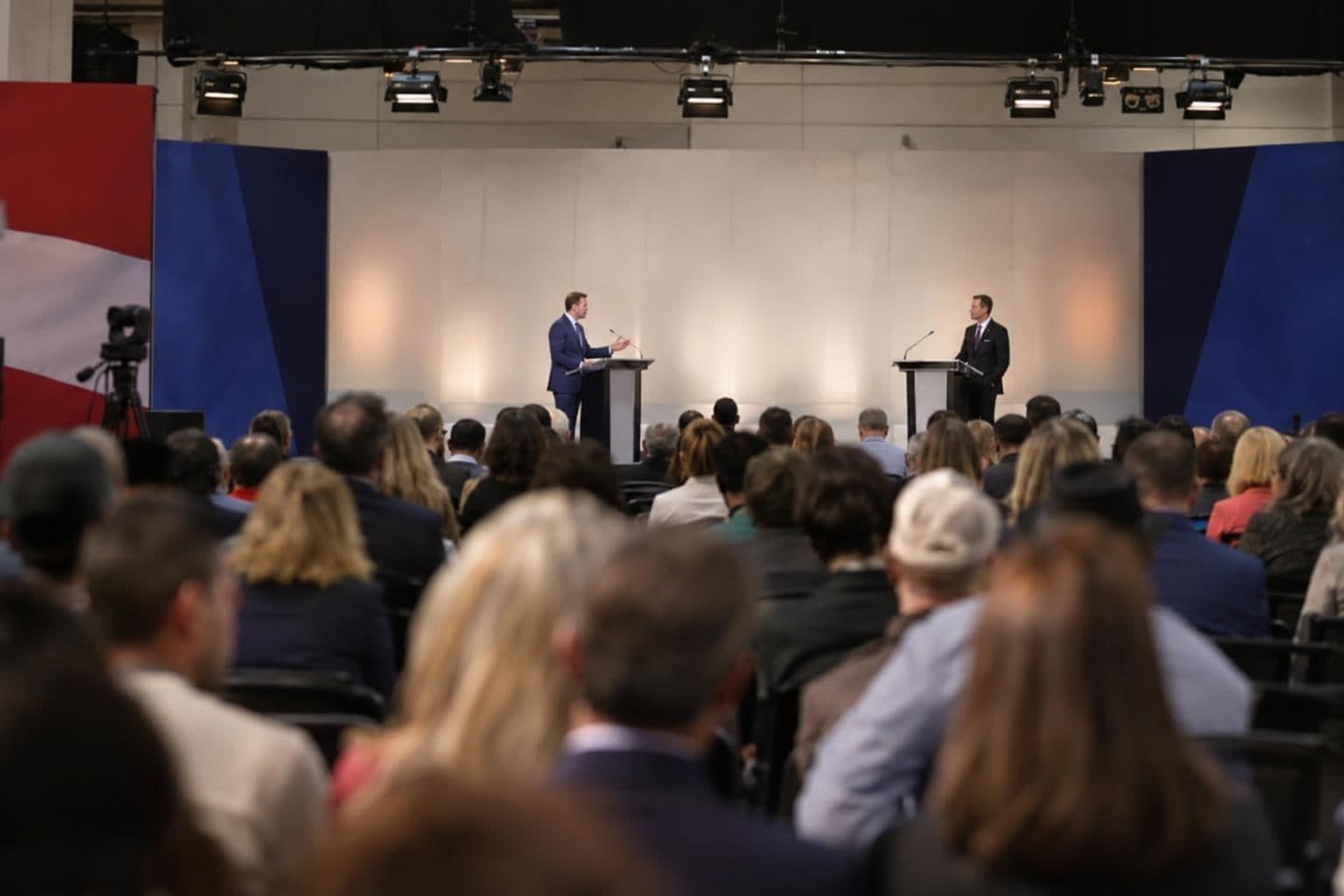 Two candidates speak during a campaign debate in Grand Rapids.