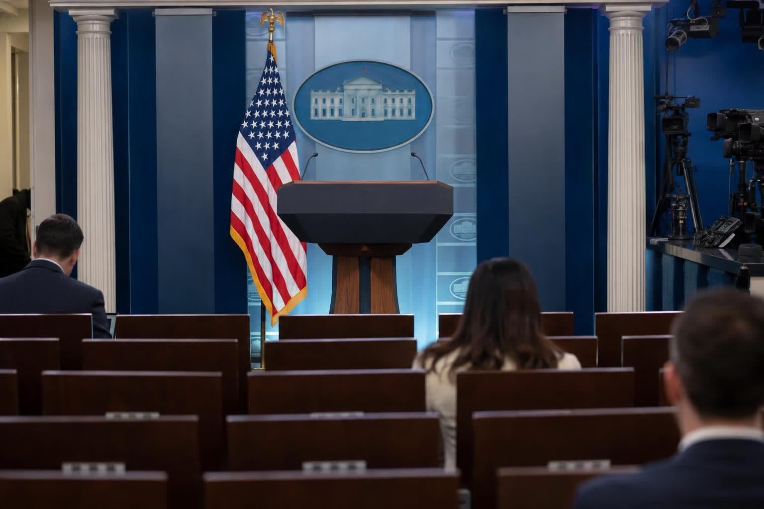 The White House press briefing room, with its lectern facing rows of seats.