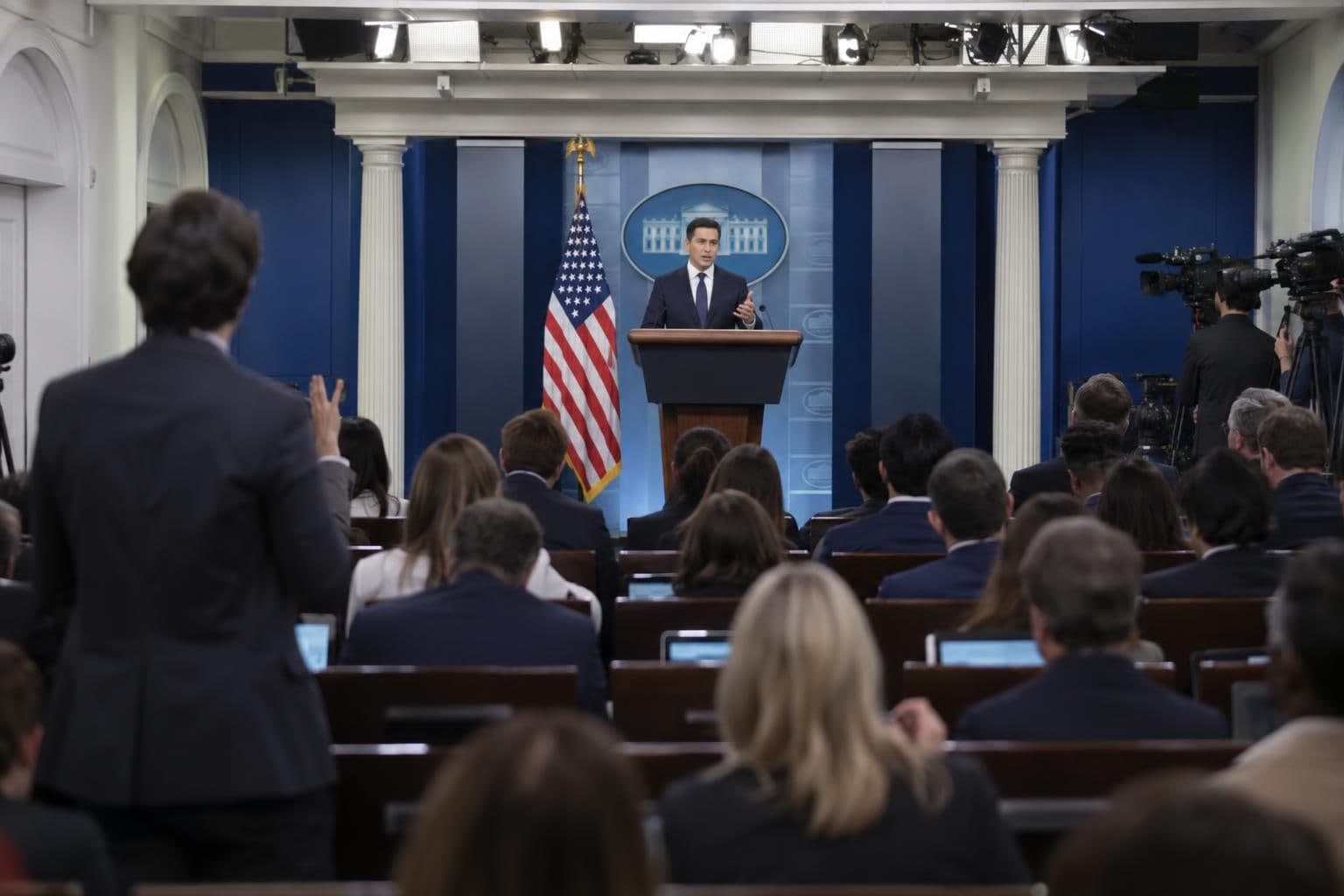 Reporters face a lectern in the White House briefing room during a press briefing.