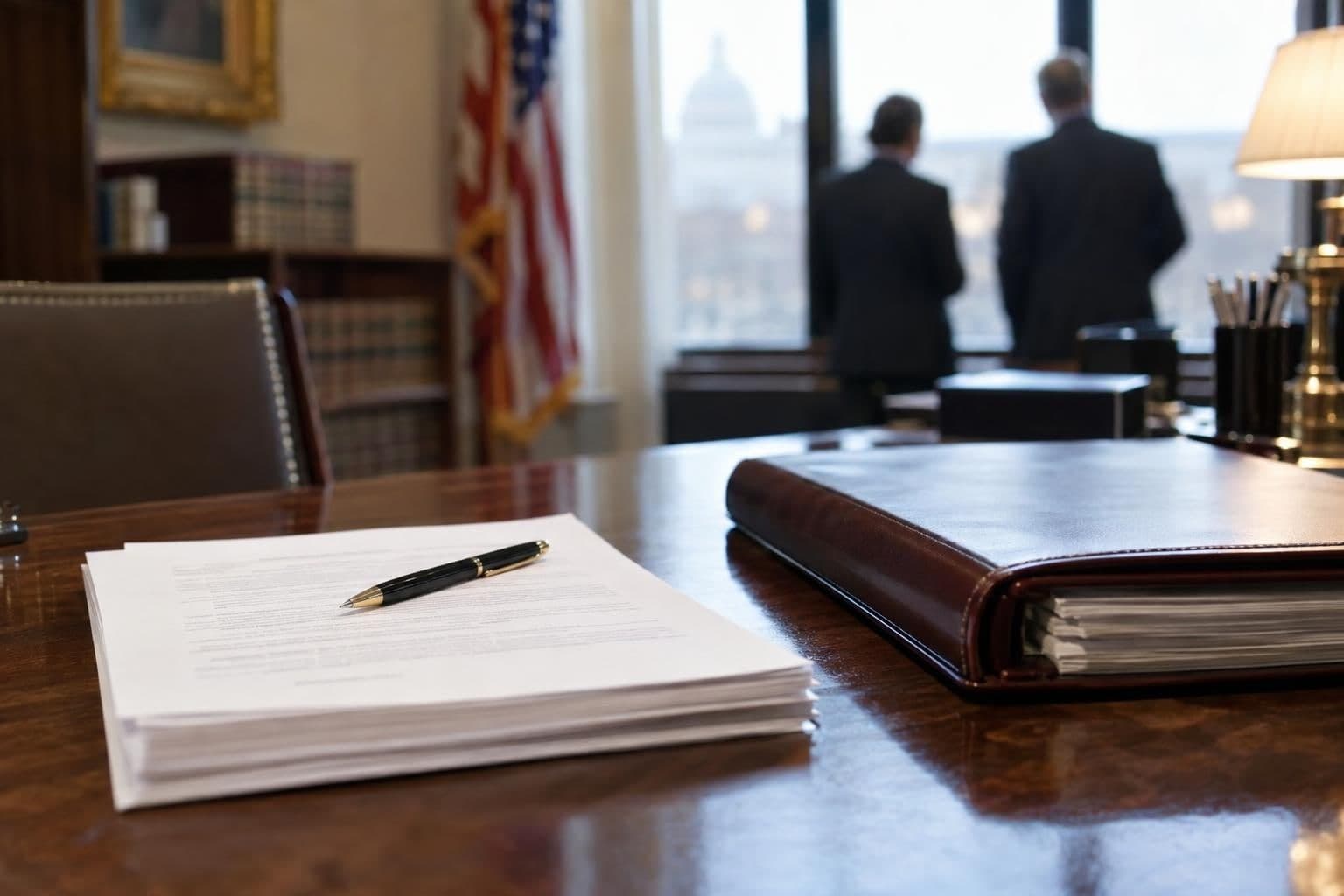 Unmarked legal papers and a pen on a desk suggest questions about presidential pardons.