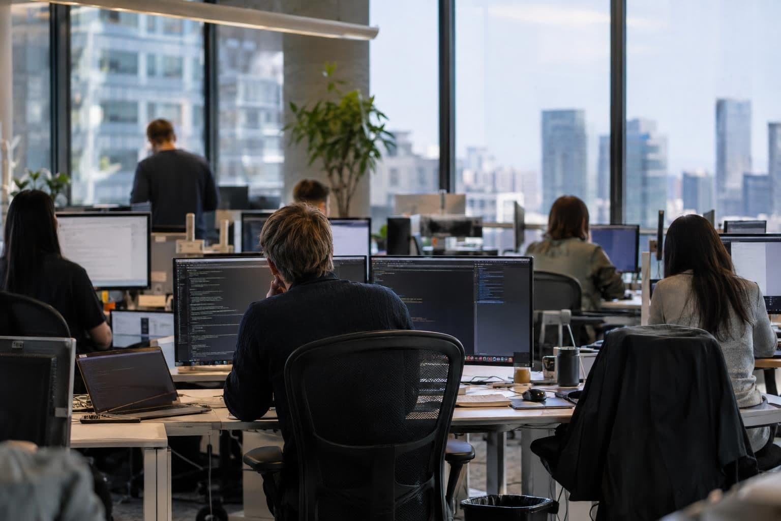 A technology-company workspace with desks and computer monitors, illustrating an AI safety workplace dispute.