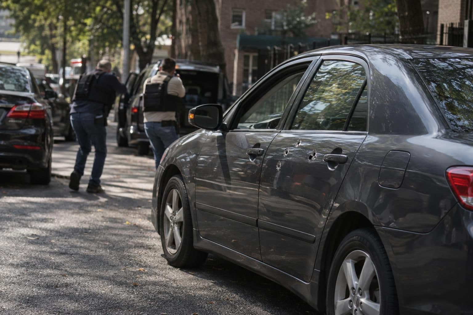 A parked car with bullet holes on a Marble Hill street as officers approach.