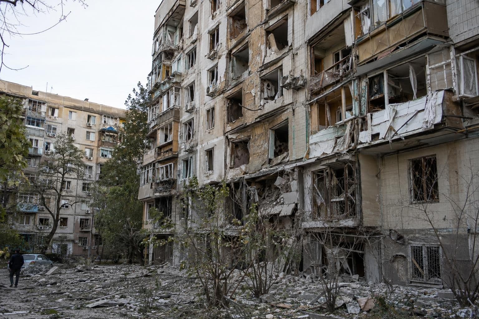 Residential buildings in Zaporizhzhia after an aerial bomb attack.