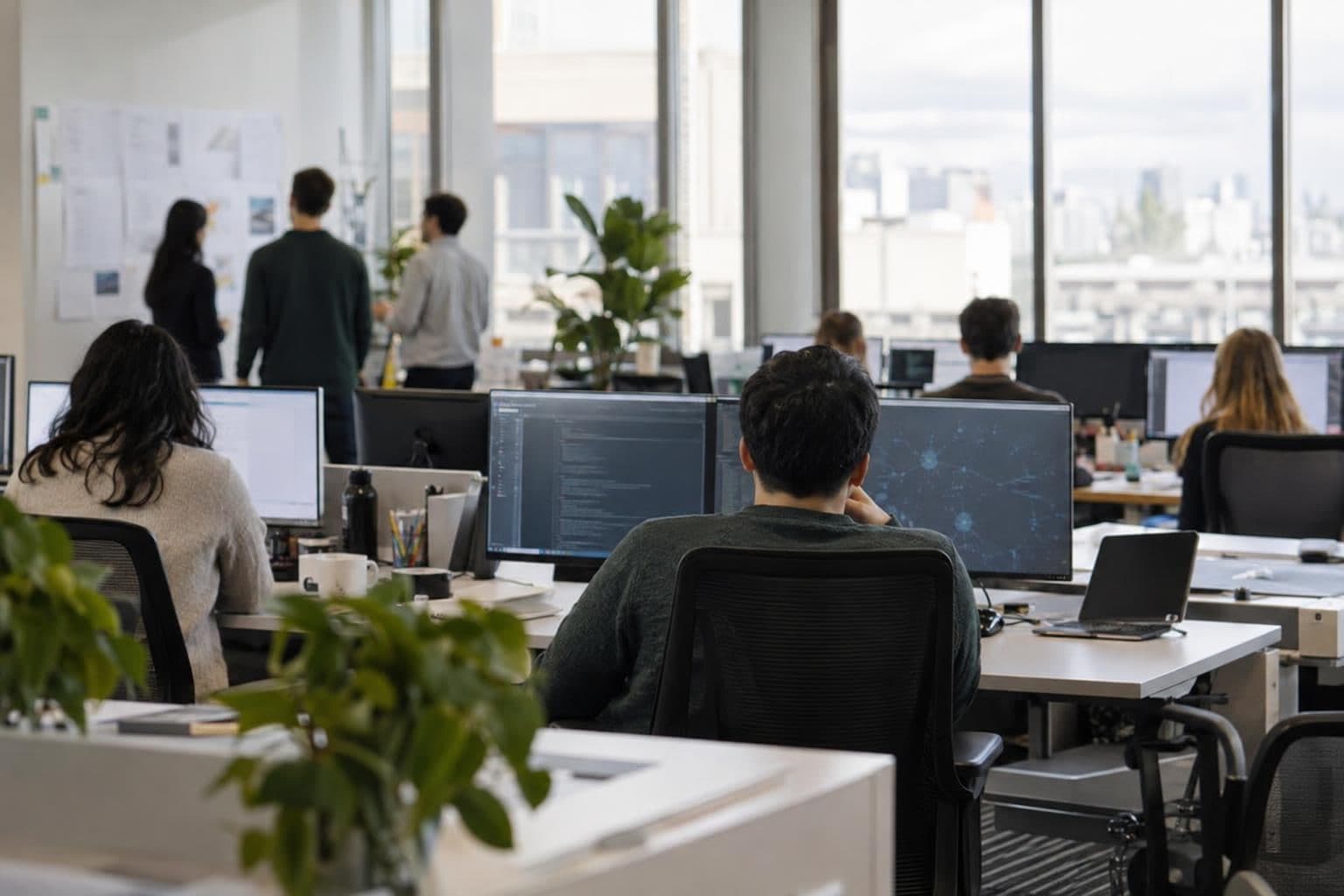 Anonymous researchers work at computers in a generic technology office.