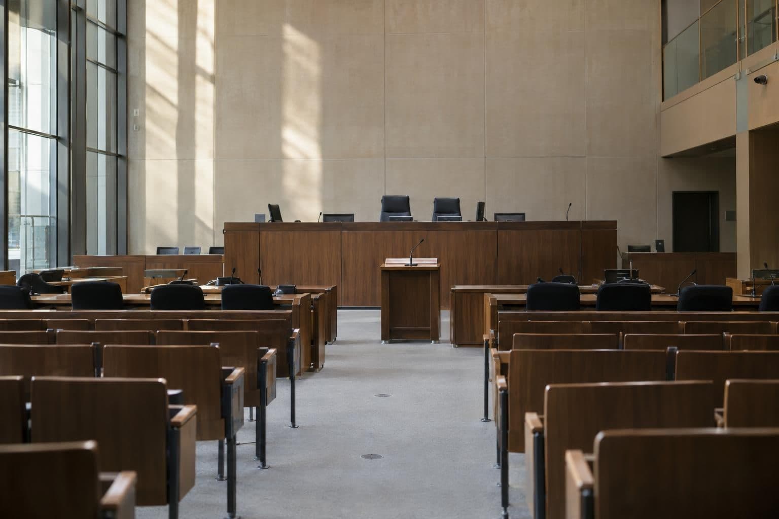 An empty international courtroom with rows of seats facing a judge’s bench.