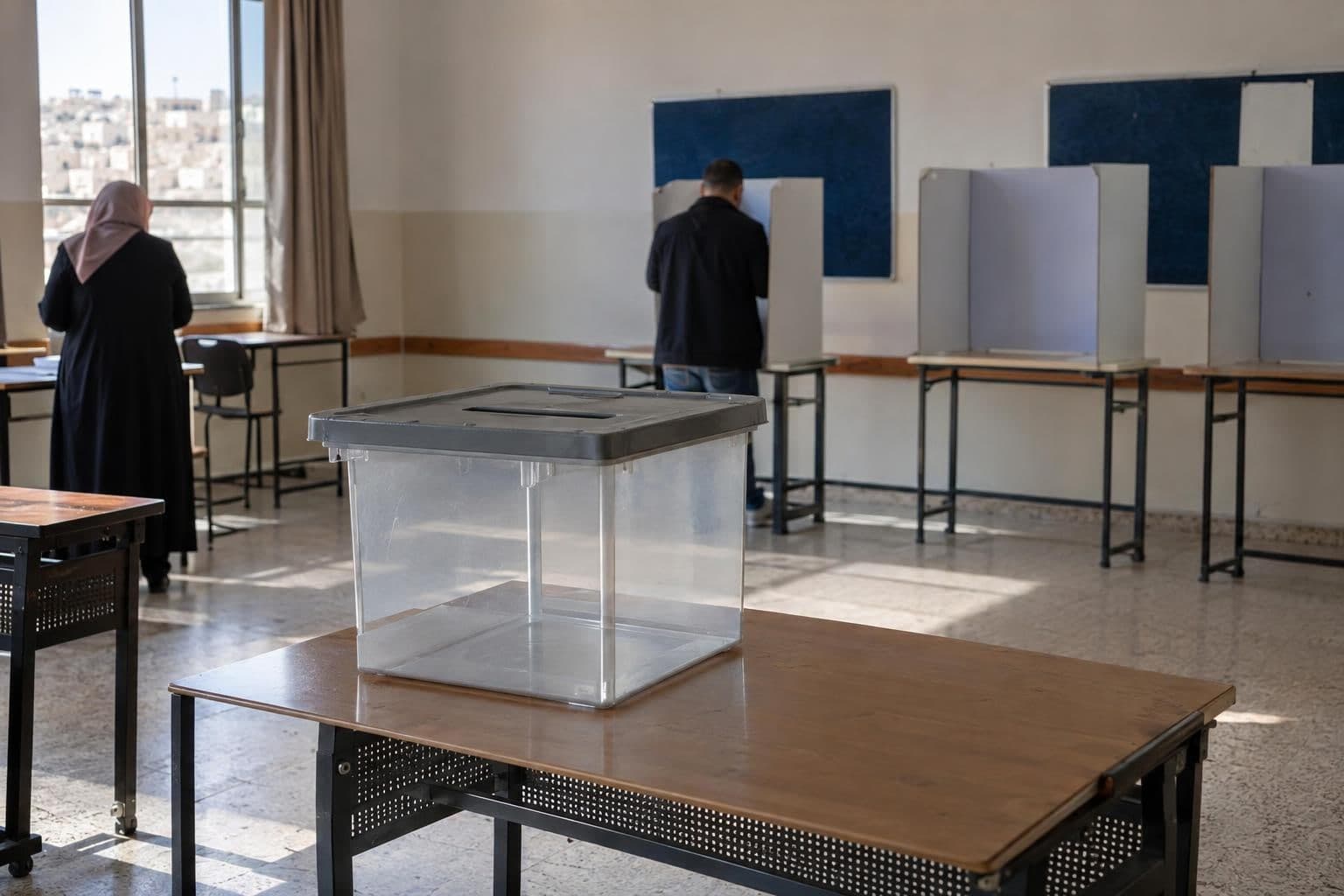 An empty ballot box in a polling place illustrates the postponed Palestinian elections.
