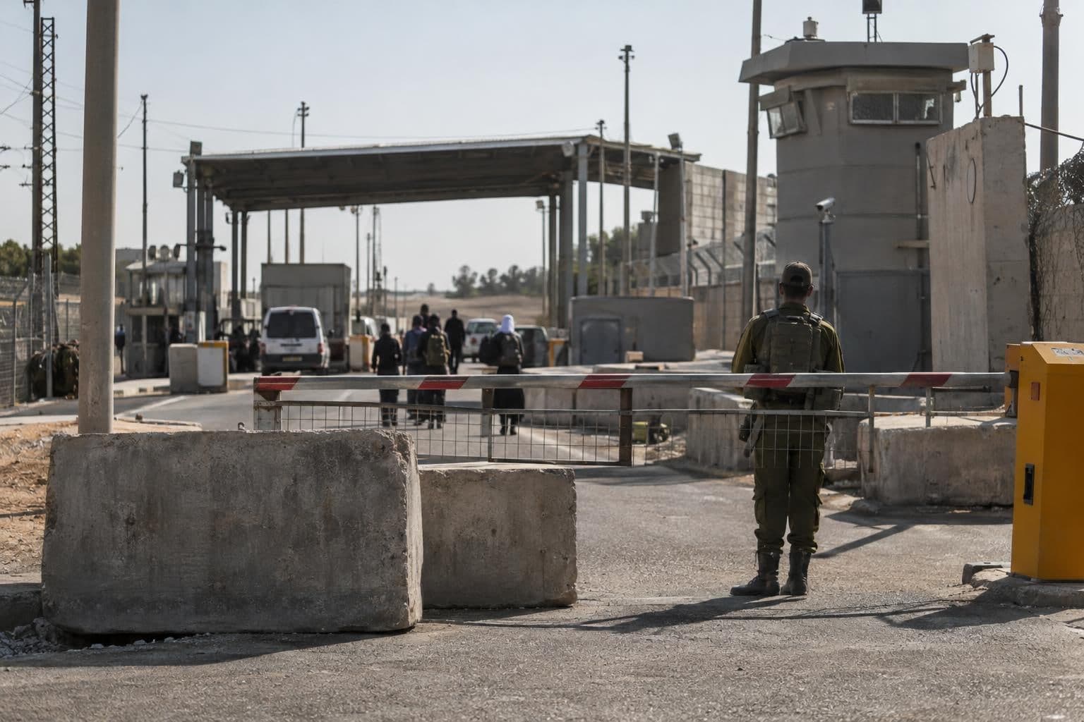A checkpoint barrier illustrates officials’ stated concerns about access to Gaza.