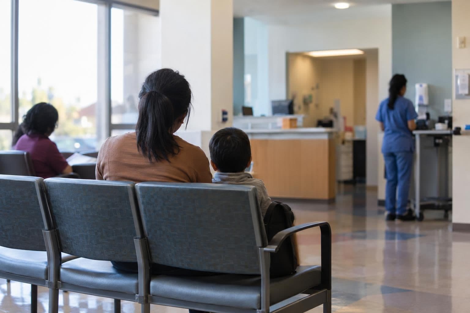 A caregiver sits with a child in a clinic waiting area.