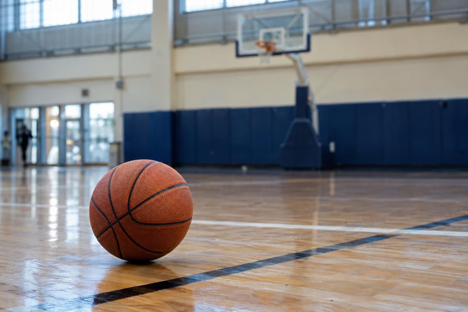 A basketball rests on an indoor court with a hoop in the background.