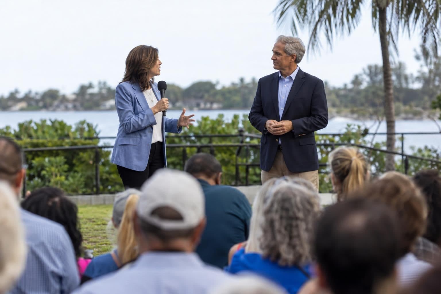 Two politicians speak to supporters at a campaign appearance in Florida.