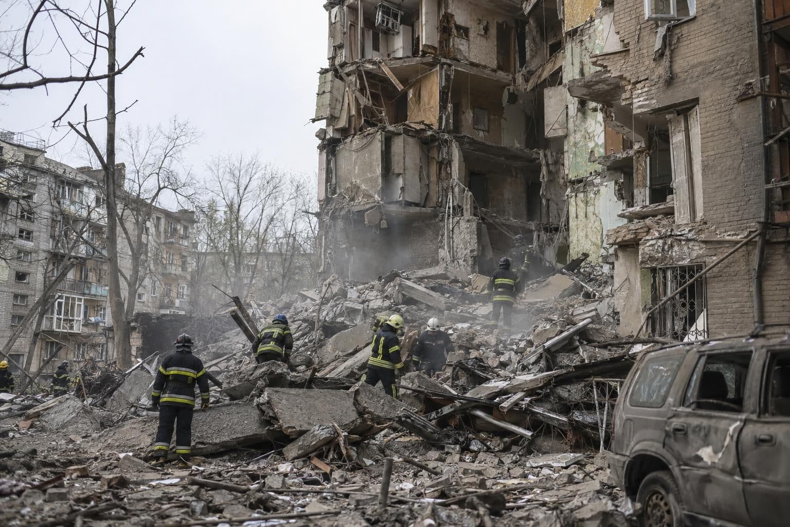 Rescue workers clear rubble at a damaged residential building after an air strike in Zaporizhzhia.