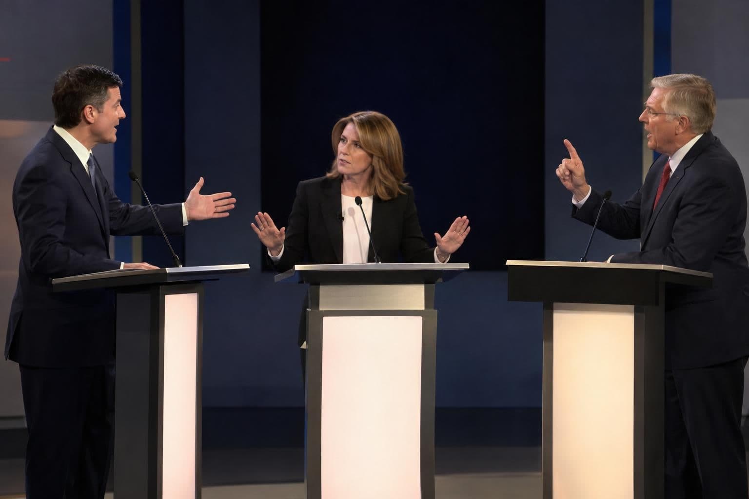 Candidates speak over one another as a moderator intervenes at a Michigan Senate debate.