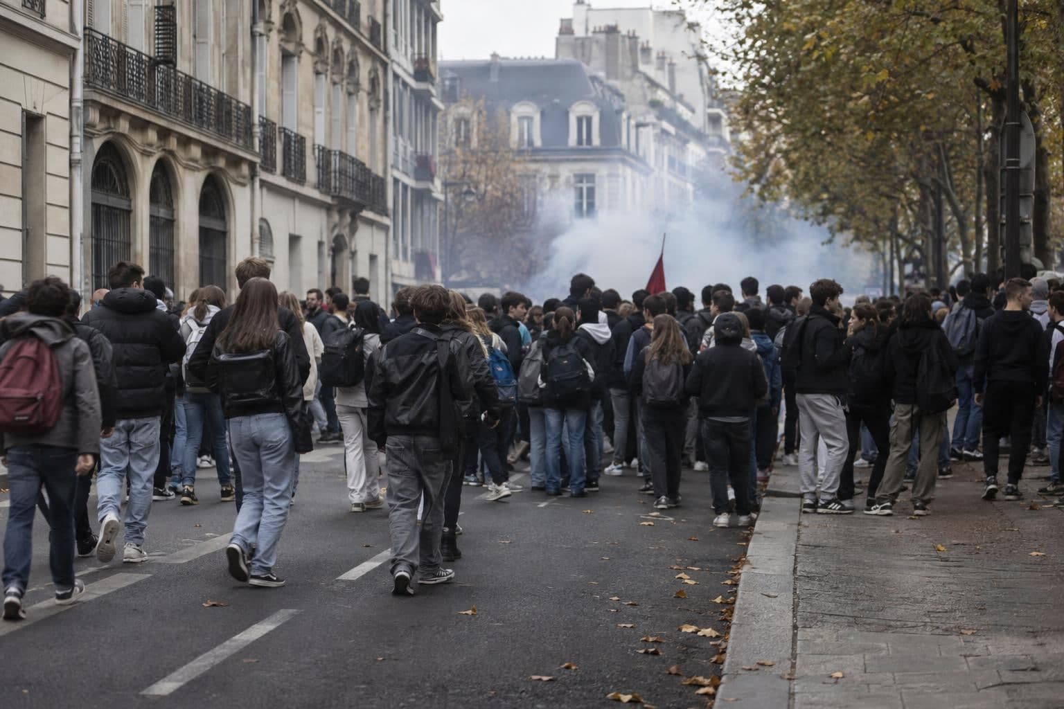 Students gather in a street demonstration in France.