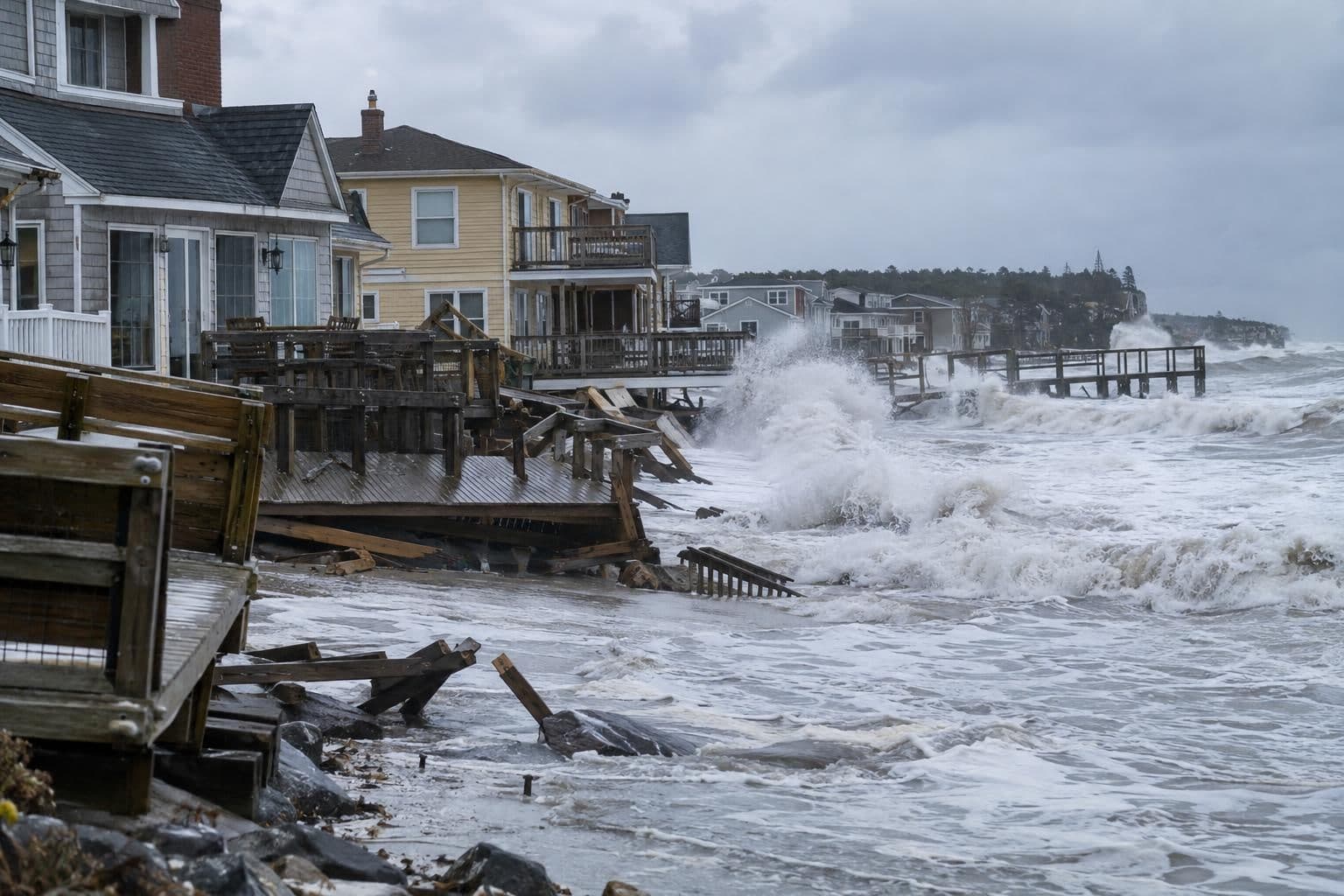 Storm waves and flooding damage waterfront homes beside Long Beach’s wooden boardwalk