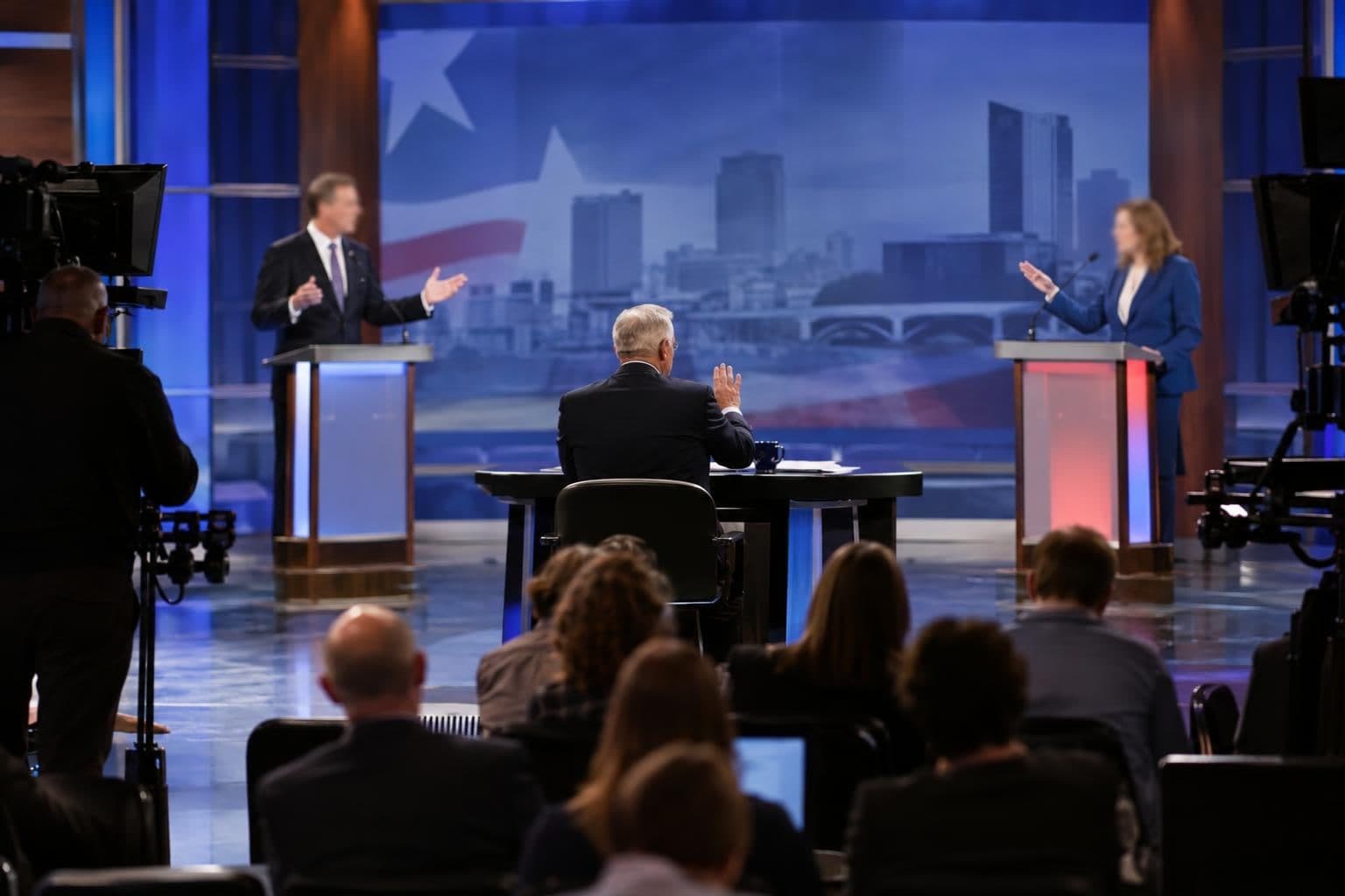 Candidates and a moderator during a televised Senate debate in Grand Rapids.
