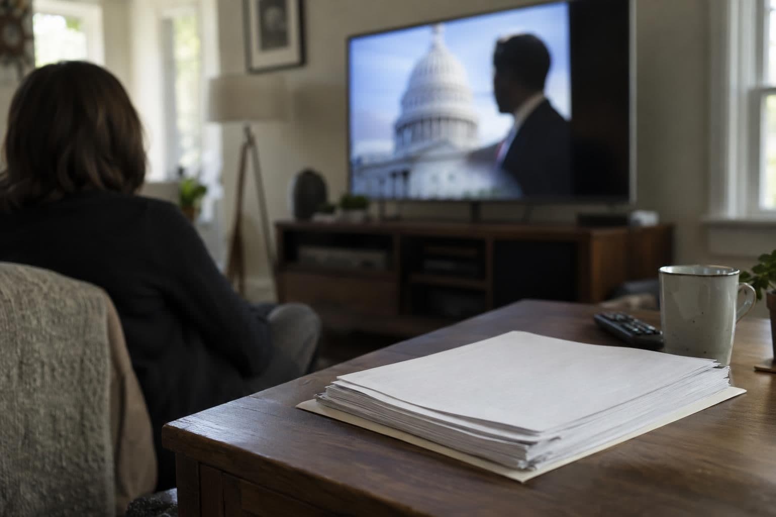 Court papers beside a television showing indistinct political-ad footage.