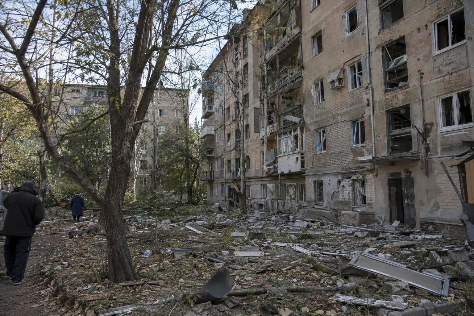 Damaged apartment buildings in Sloviansk after a strike.