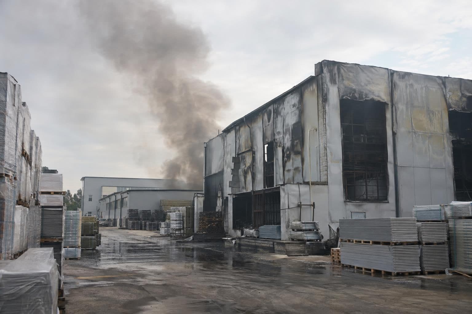 Storage facilities at an industrial site in Bucha district after a reported fire.