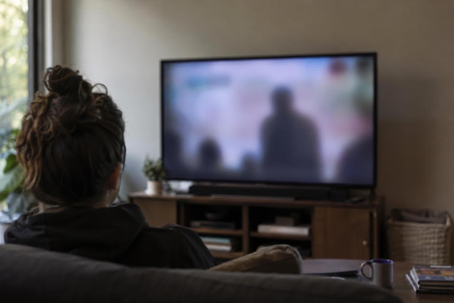 A political campaign ad plays on a screen, its imagery and copy indistinct.