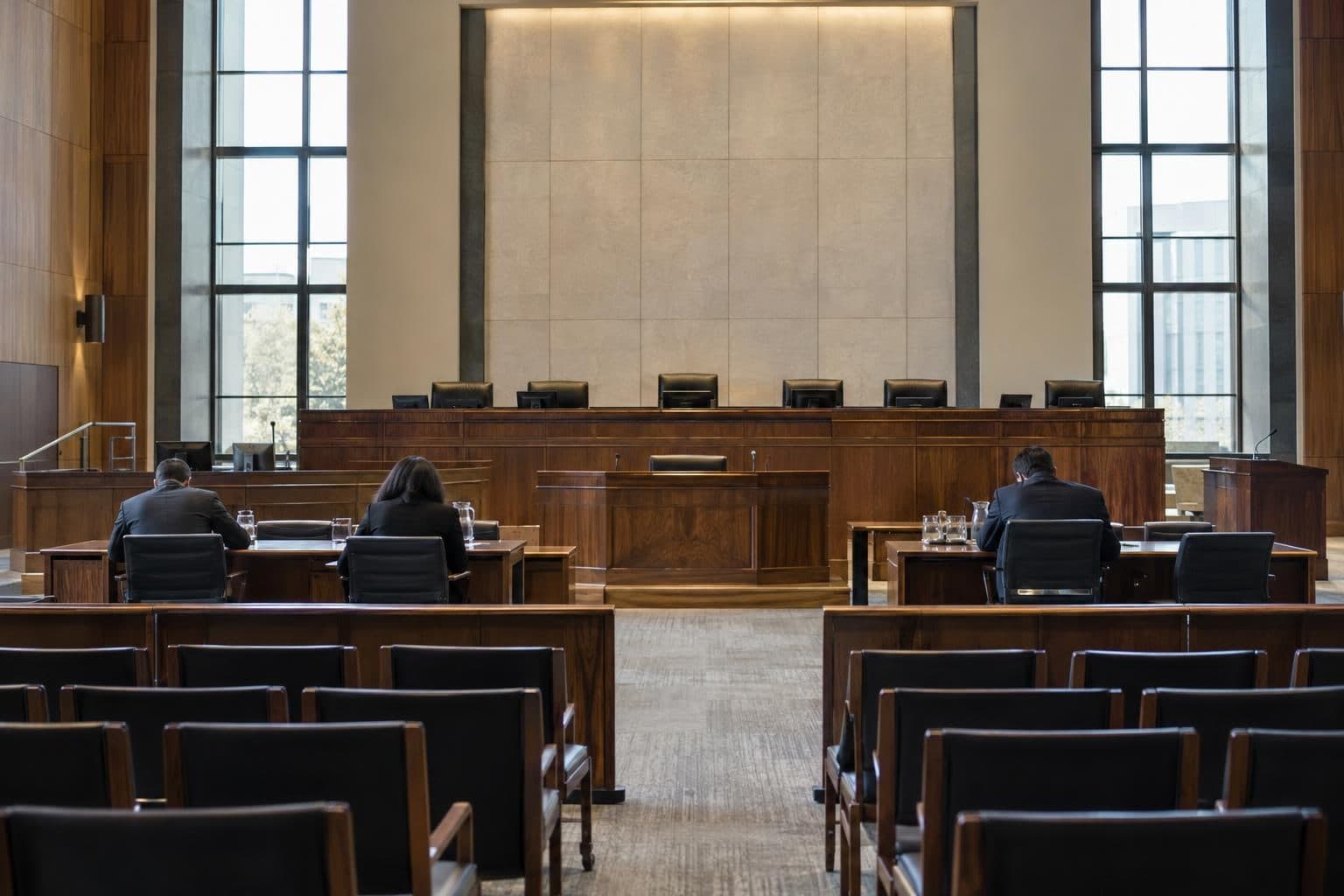 An empty international courtroom with a raised judges' bench and counsel tables.