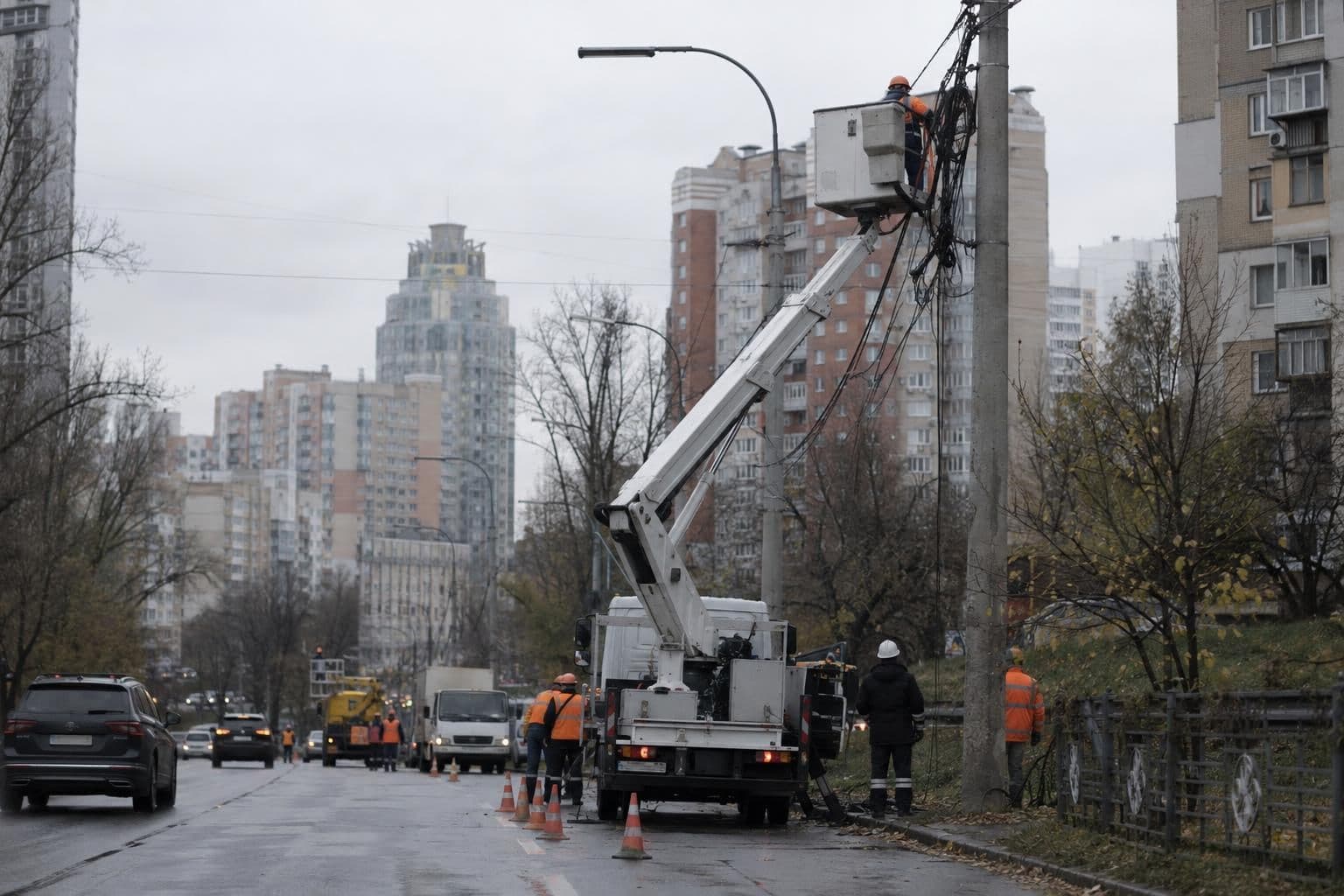 Utility crews work to restore electricity in a Kyiv district during reported outages.