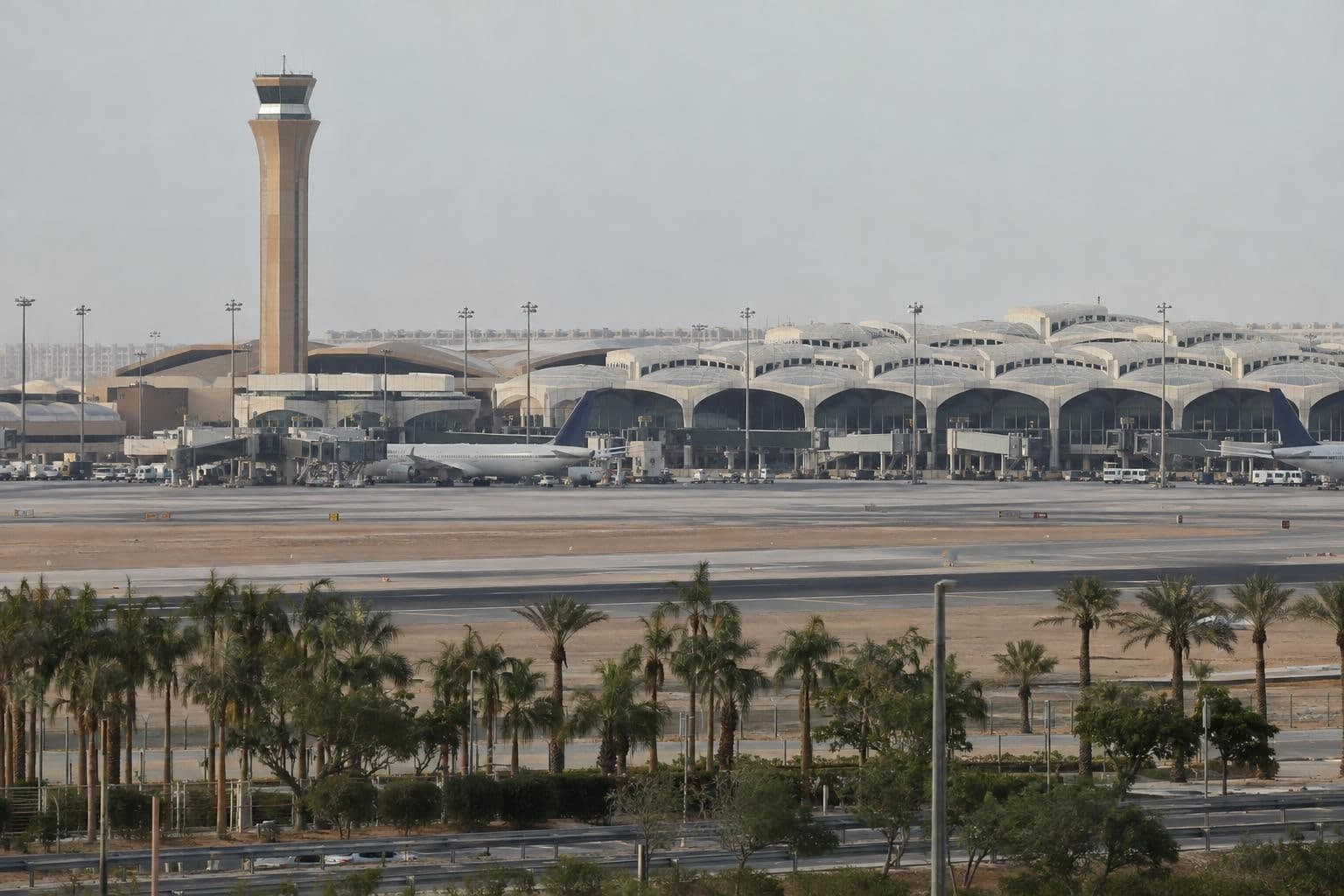 A distant view of King Khalid International Airport, the site of an attack under investigation.