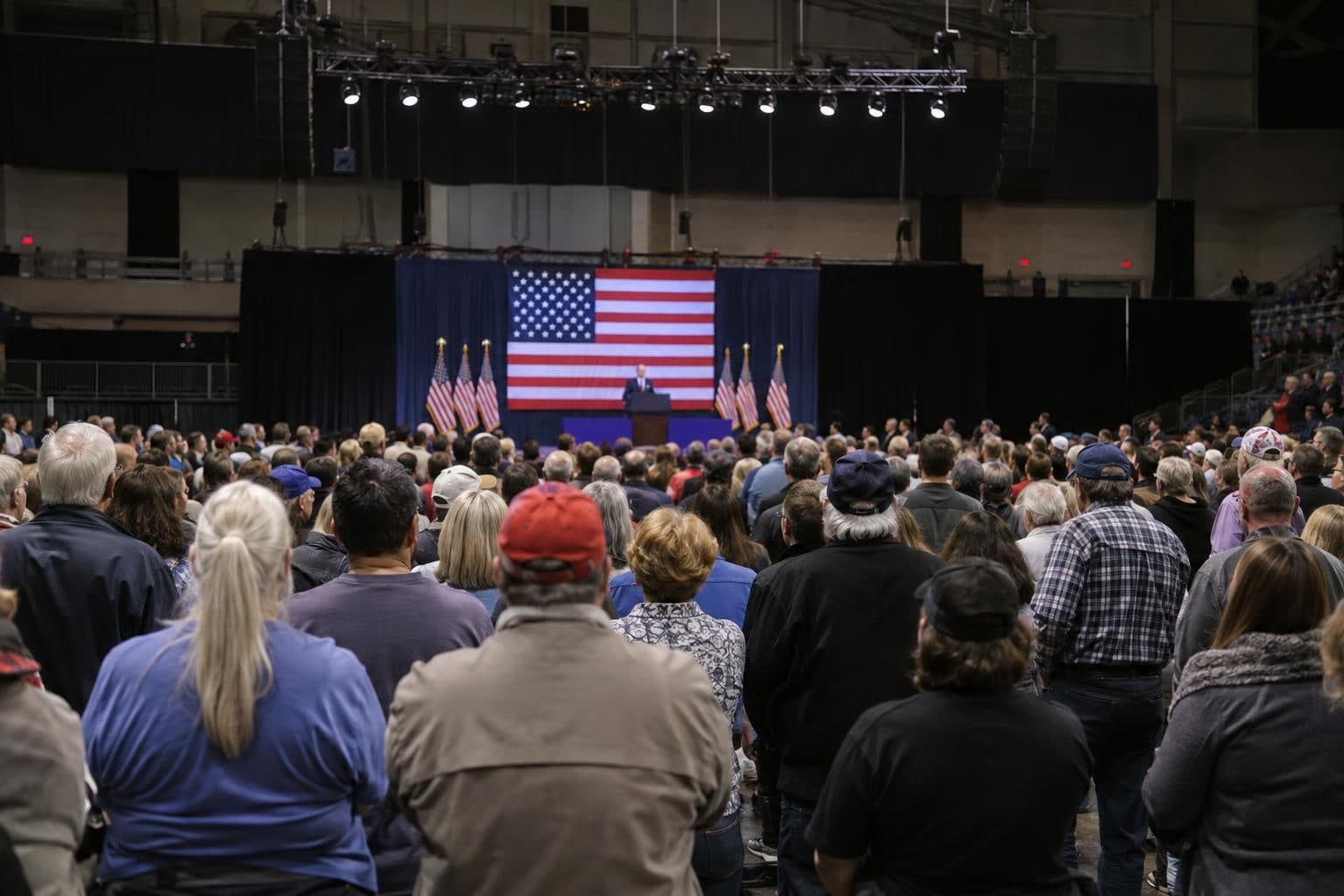 A speaker addresses attendees at a political rally inside an arena.