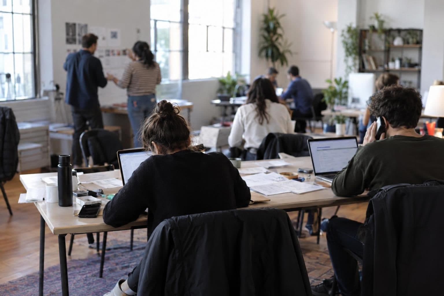Campaign workers use phones and laptops for voter outreach in an office.